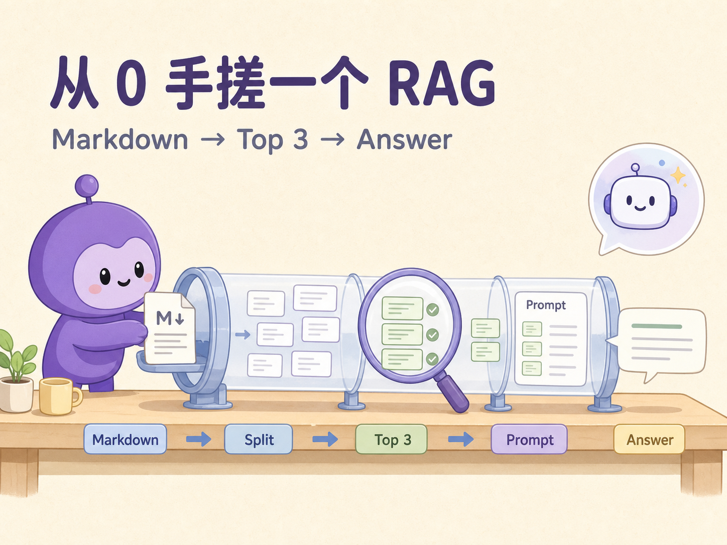 从 0 手搓一个 RAG:Markdown 经过切块、Top 3 和 Prompt 后生成回答
